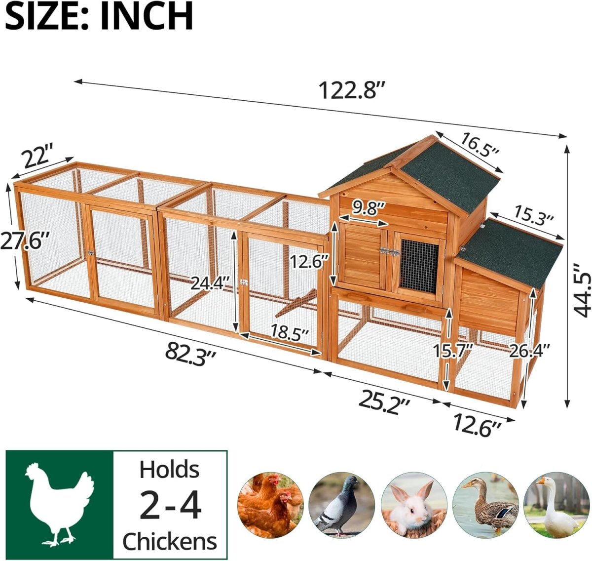 122” Large Wooden Chicken Coop with Run – Backyard Hen House with Pull - Out Tray & Asphalt Roof - Small Pet Homes
