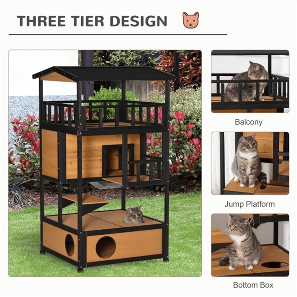 2 - Story Wooden Cat House with Ledges and Raised Floor, Waterproof Roof, Outdoor & Indoor Use, Natural Wood - Small Pet Homes