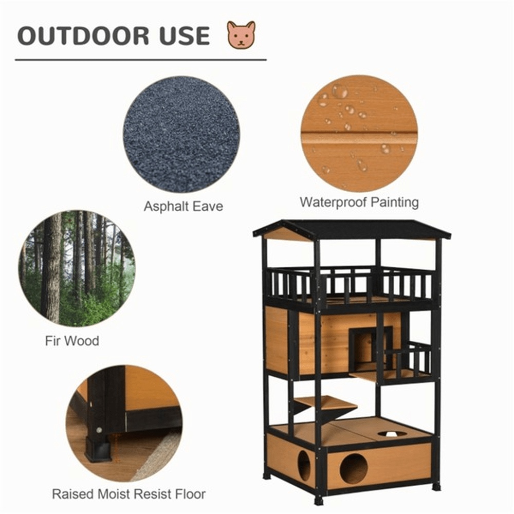 2 - Story Wooden Cat House with Ledges and Raised Floor, Waterproof Roof, Outdoor & Indoor Use, Natural Wood - Small Pet Homes
