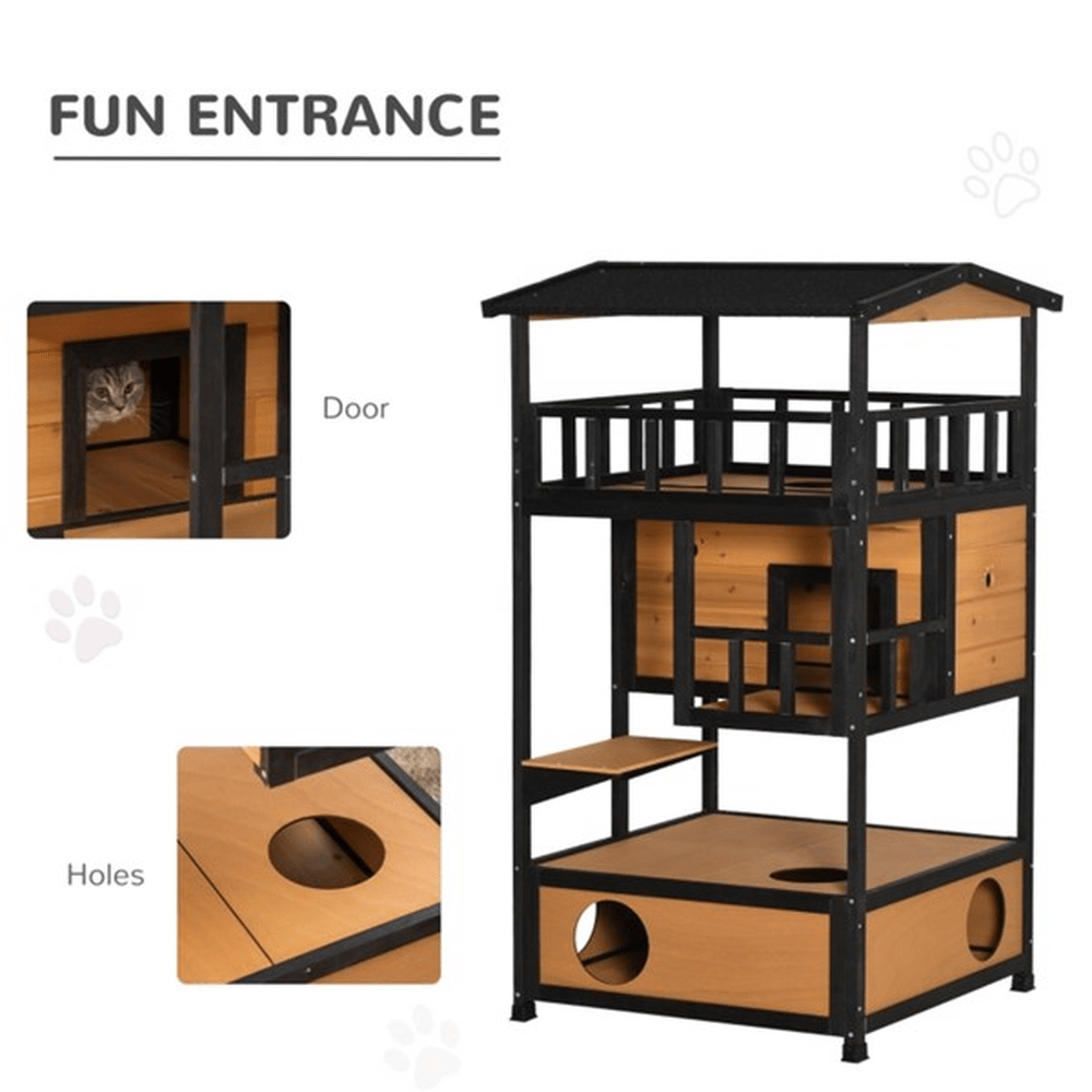 2 - Story Wooden Cat House with Ledges and Raised Floor, Waterproof Roof, Outdoor & Indoor Use, Natural Wood - Small Pet Homes