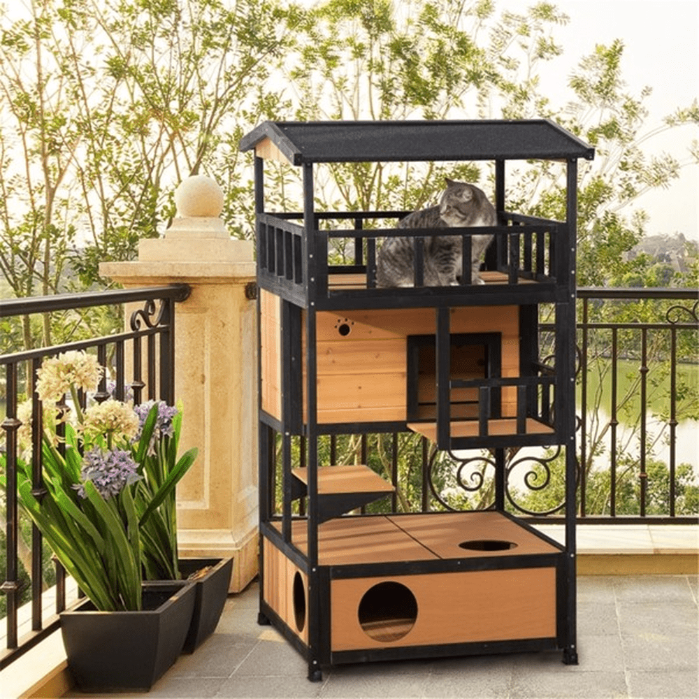 2 - Story Wooden Cat House with Ledges and Raised Floor, Waterproof Roof, Outdoor & Indoor Use, Natural Wood - Small Pet Homes