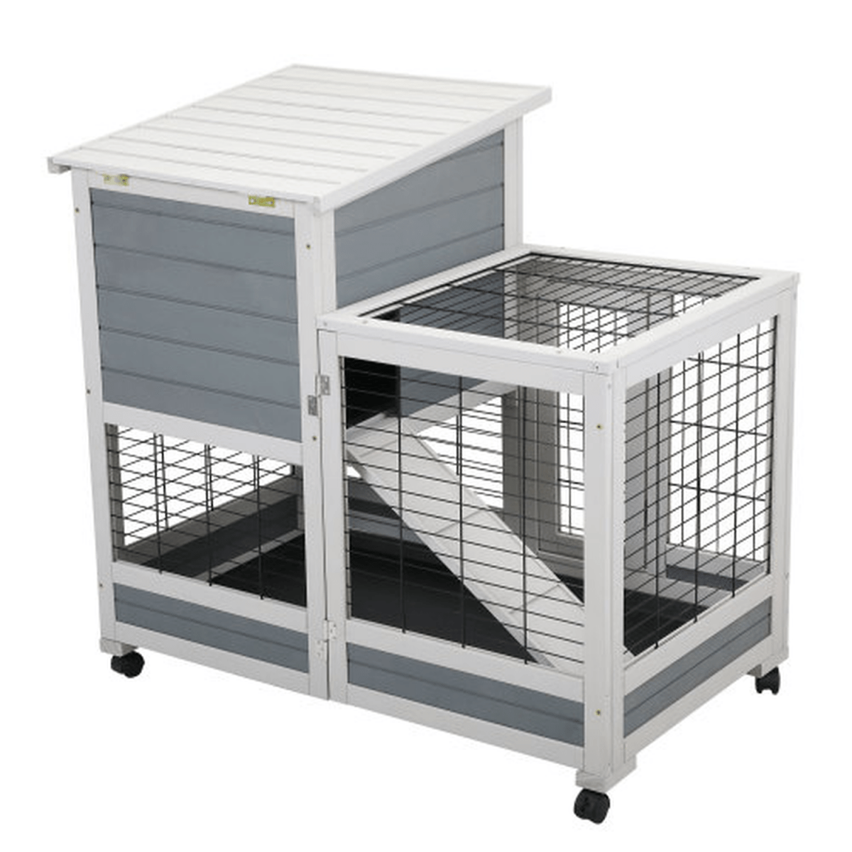 2 - Story Wooden Guinea Pig Hutch with Ventilated Fence, Removable Cleaning Tray & Skylight - Small Pet Homes