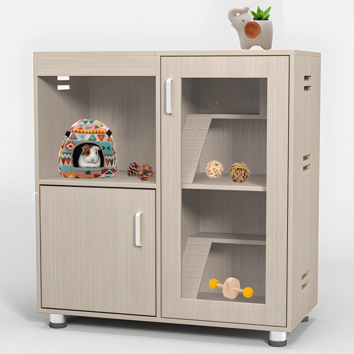 4 - Tier Wooden Guinea Pig & Hamster Cage with Lockers, Acrylic Windows, Openable Top - Spacious Small Animal Habitat - Small Pet Homes