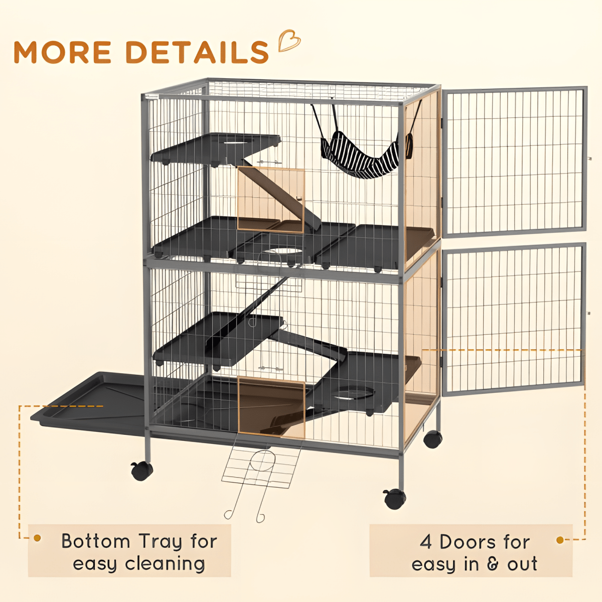 50" 5 - Tier Ferret Cage, Heavy Duty Wire with Hammock, Removable Tray, Rolling Design, Grey - Small Pet Homes