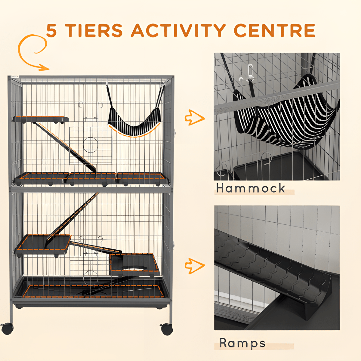 50" 5 - Tier Ferret Cage, Heavy Duty Wire with Hammock, Removable Tray, Rolling Design, Grey - Small Pet Homes