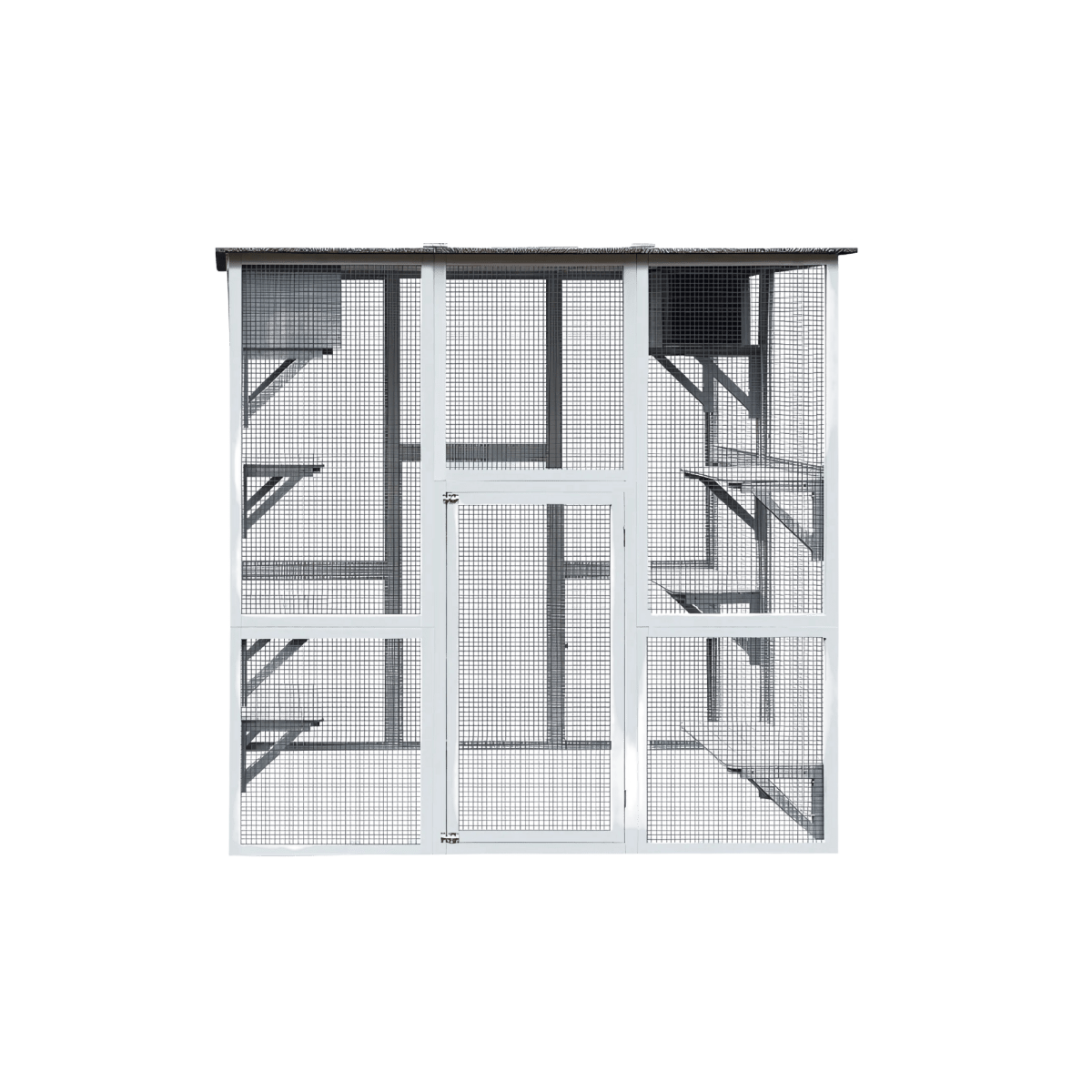 71" Wooden Outdoor Cat Enclosure – Spacious Cat House with 8 Platforms, 2 Snoozing Houses, Weatherproof Roof, Walk - In Catio - Small Pet Homes