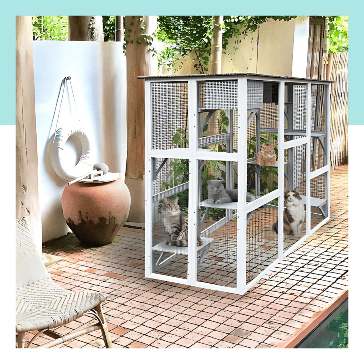 71" Wooden Outdoor Cat Enclosure – Spacious Cat House with 8 Platforms, 2 Snoozing Houses, Weatherproof Roof, Walk - In Catio - Small Pet Homes