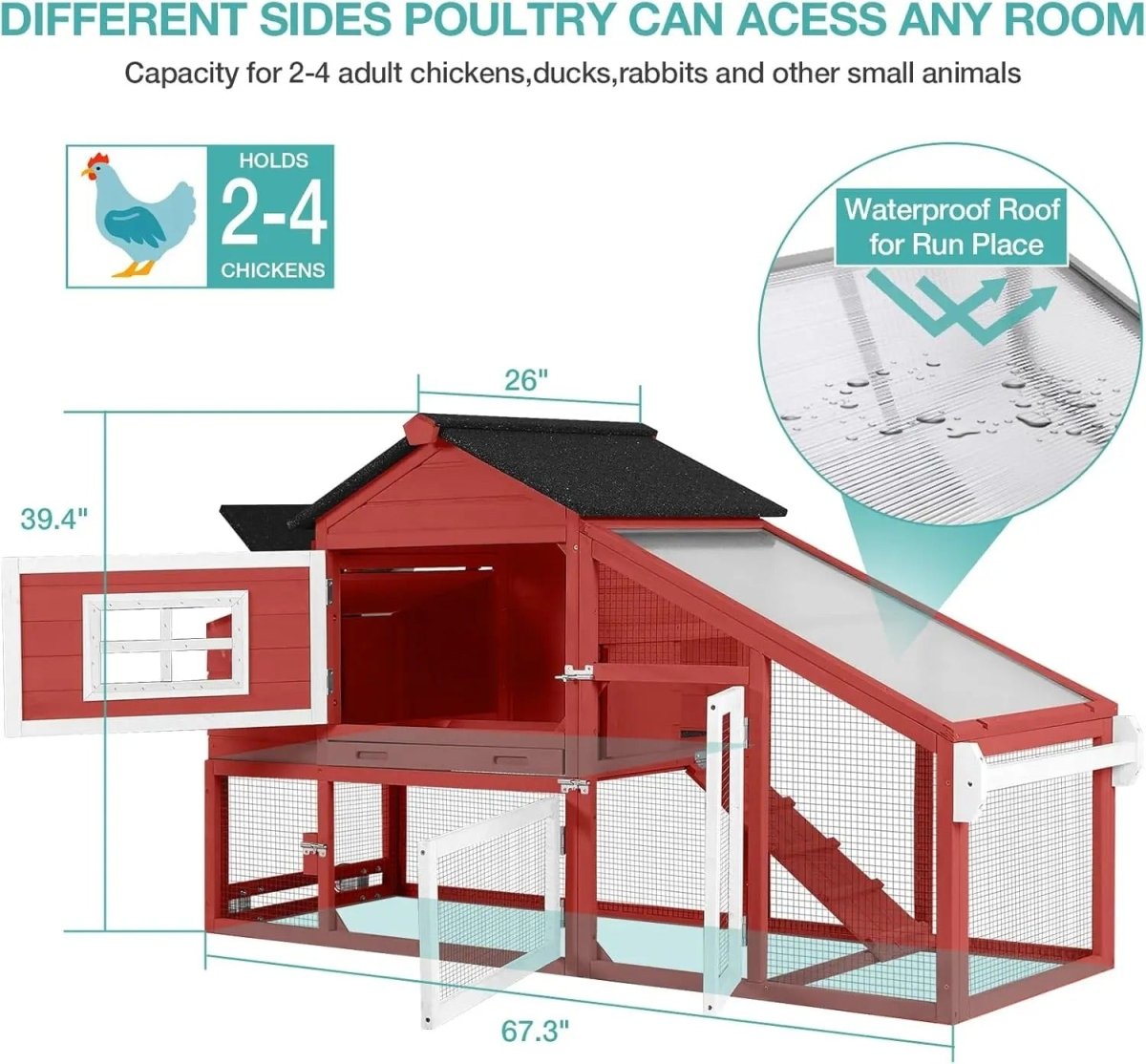 Chicken Tractor / Portable Chicken Coop with Wheels - Spacious, Durable, and Movable - Small Pet Homes