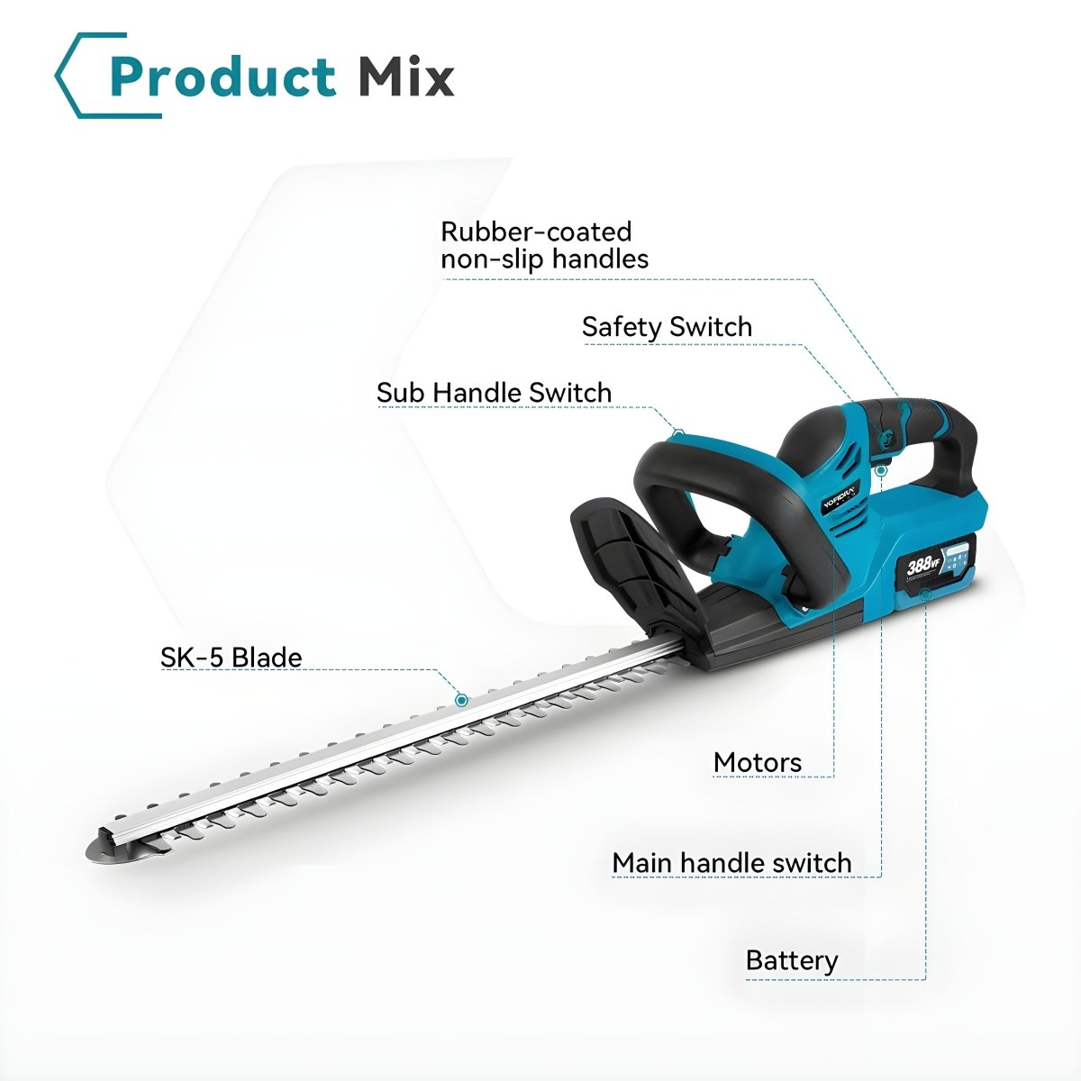 Cordless Hedge Trimmer (2000W) – Electric and Battery Operated – 510mm Blade, 18V Compatible - Small Pet Homes