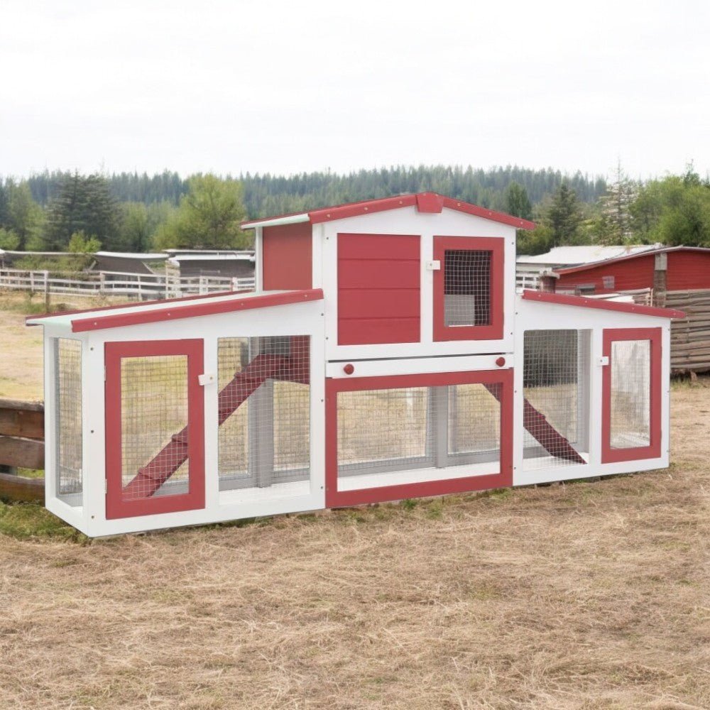 Deluxe 2 - Layer Wooden Rabbit Hutch - Spacious with Non - Slip Ramps, Removable Tray, Weatherproof Roof, Red & White - Small Pet Homes
