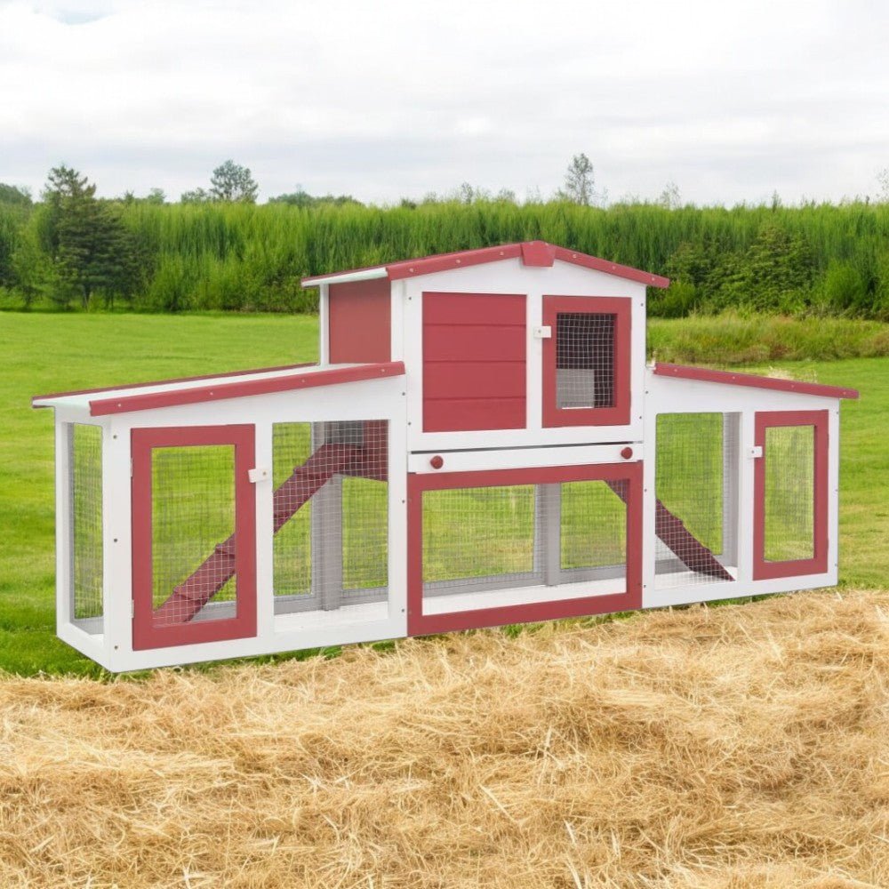 Deluxe 2 - Layer Wooden Rabbit Hutch - Spacious with Non - Slip Ramps, Removable Tray, Weatherproof Roof, Red & White - Small Pet Homes