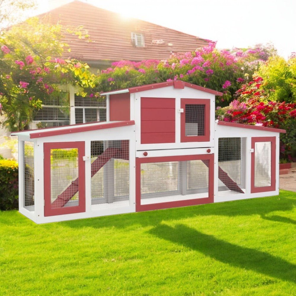 Deluxe 2 - Layer Wooden Rabbit Hutch - Spacious with Non - Slip Ramps, Removable Tray, Weatherproof Roof, Red & White - Small Pet Homes