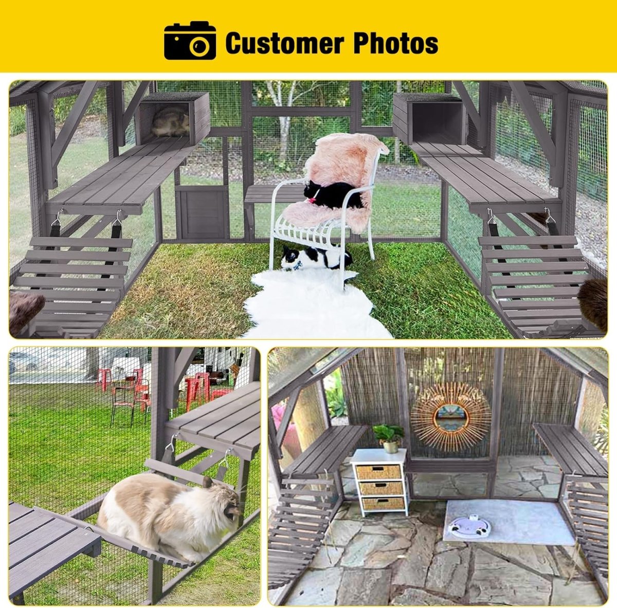 Extra Large 110” Outdoor Cat House Playpen - Cat Catio with Platform, Waterproof Roof, 2 Sleeping Rooms and 7 Walkways, for Garden or Backyard - Small Pet Homes