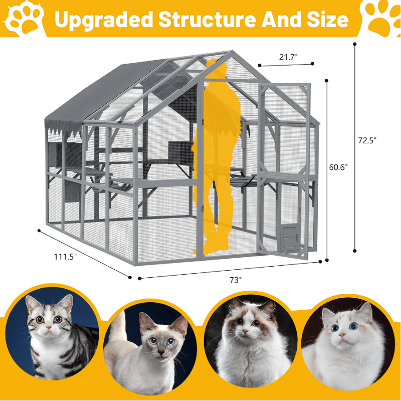 Extra Large 110” Outdoor Cat House Playpen - Cat Catio with Platform, Waterproof Roof, 2 Sleeping Rooms and 7 Walkways, for Garden or Backyard - Small Pet Homes