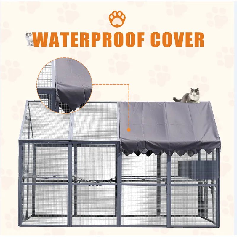 Extra Large 110” Outdoor Cat House Playpen - Cat Catio with Platform, Waterproof Roof, 2 Sleeping Rooms and 7 Walkways, for Garden or Backyard - Small Pet Homes