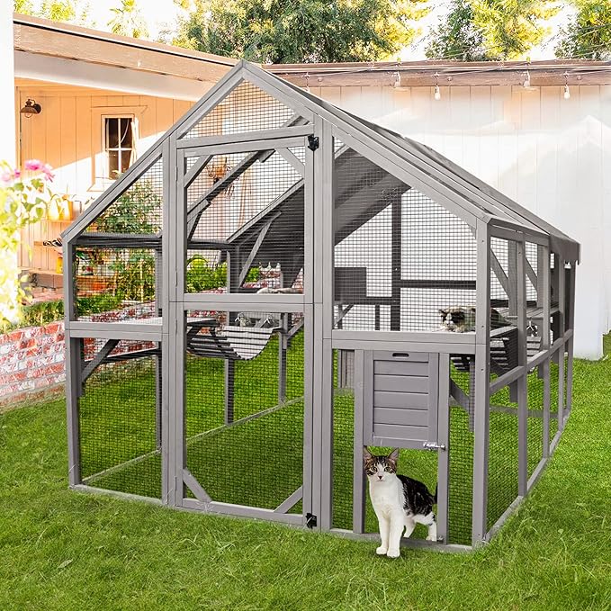 Extra Large 110” Outdoor Cat House Playpen - Cat Catio with Platform, Waterproof Roof, 2 Sleeping Rooms and 7 Walkways, for Garden or Backyard - Small Pet Homes