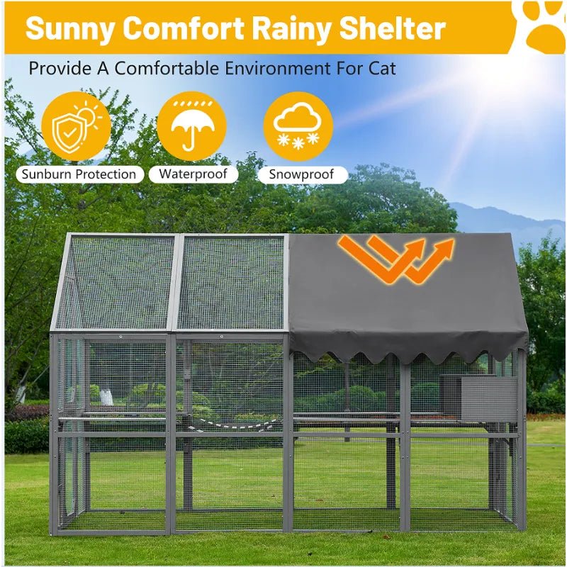 Extra Large 110” Outdoor Cat House Playpen - Cat Catio with Platform, Waterproof Roof, 2 Sleeping Rooms and 7 Walkways, for Garden or Backyard - Small Pet Homes