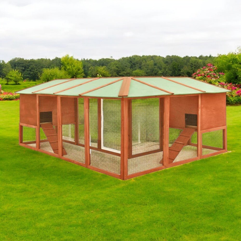 Extra Large Wooden Rabbit Hutch - Spacious, Weather - Resistant with Non - Slip Ramps in Caramel Wood - Small Pet Homes