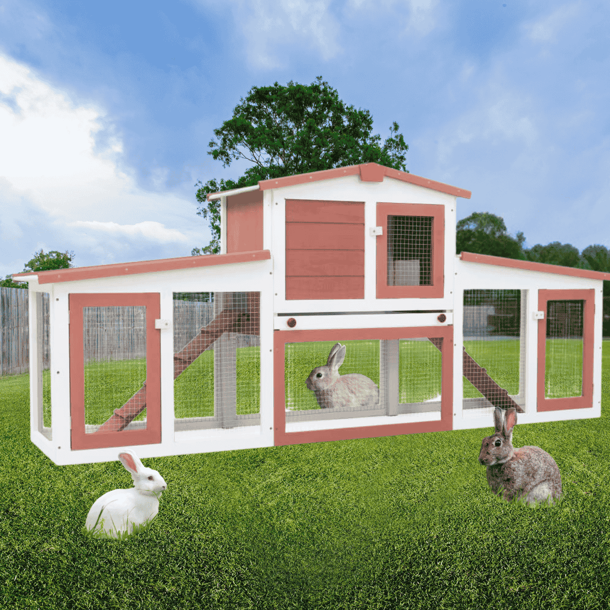 Large 2 - Tier Wooden Rabbit Hutch - Spacious Rabbit Enclosure, Removable Tray, Weatherproof Roof - Small Pet Homes