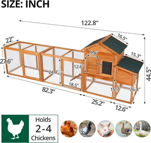 122” Large Wooden Chicken Coop with Run – Backyard Hen House with Pull - Out Tray & Asphalt Roof - Small Pet Homes