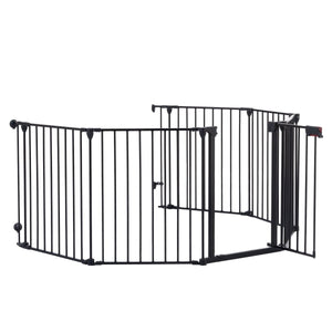 150" Adjustable 6 - Panel Metal Safety Gate – Play Yard, Baby Gate, Pet Fence & Fireplace Barrier with Walk - Through Door - Small Pet Homes
