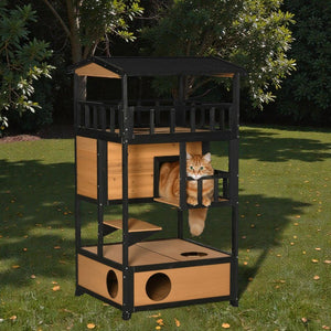 2 - Story Wooden Cat Catio with Ledges and Raised Floor, Waterproof Roof, Outdoor & Indoor Car Enclousure - Small Pet Homes