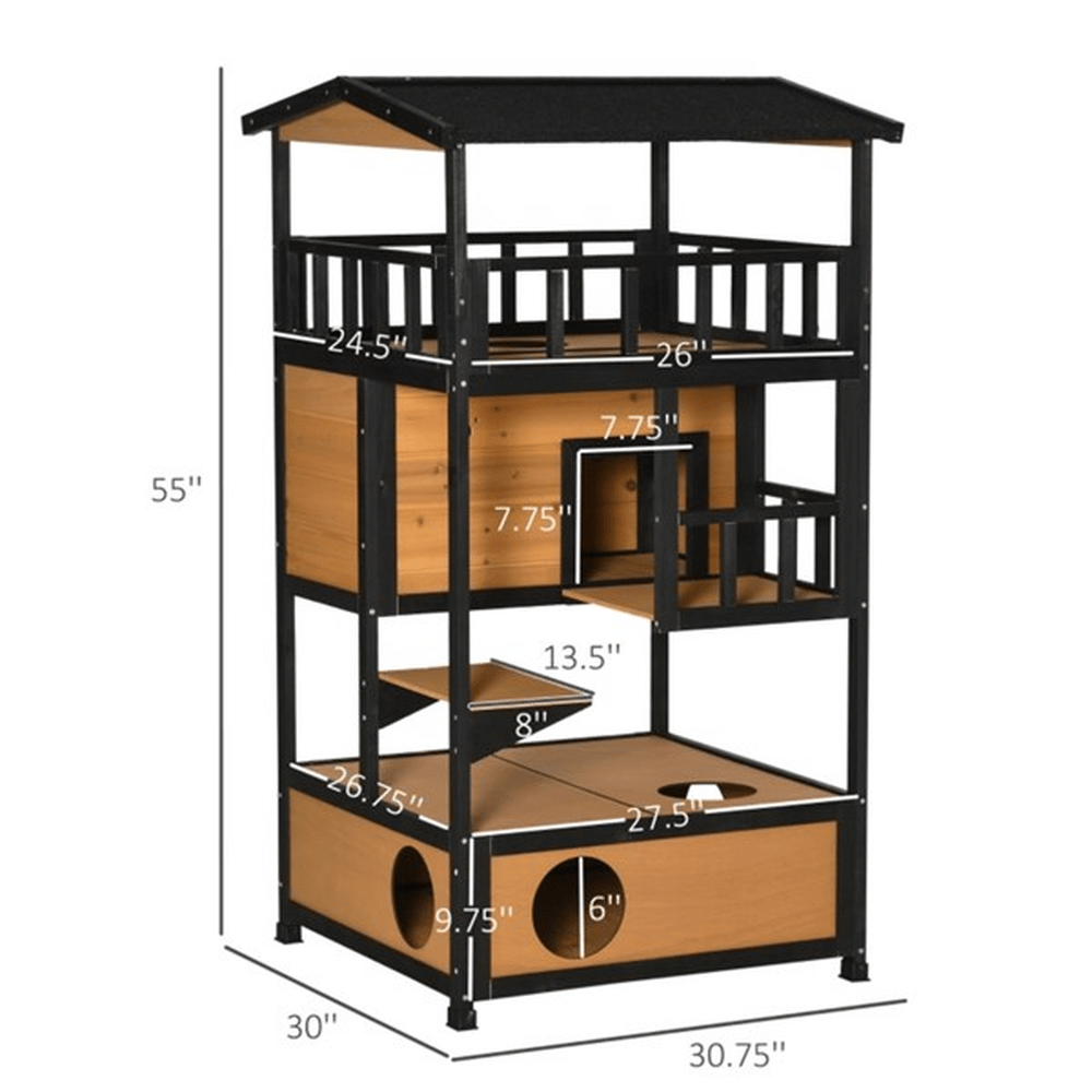 2 - Story Wooden Cat House with Ledges and Raised Floor, Waterproof Roof, Outdoor & Indoor Use, Natural Wood - Small Pet Homes