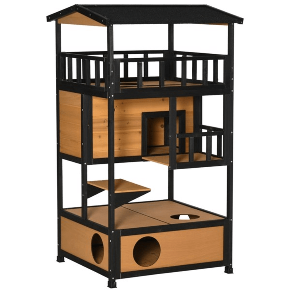 2 - Story Wooden Cat House with Ledges and Raised Floor, Waterproof Roof, Outdoor & Indoor Use, Natural Wood - Small Pet Homes