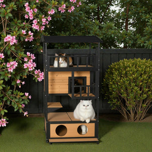 2-Story Wooden Cat Catio with Ledges and Raised Floor, Waterproof Roof, Outdoor & Indoor Car Enclousure