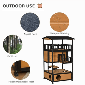 2 - Story Wooden Cat House with Ledges and Raised Floor, Waterproof Roof, Outdoor & Indoor Use, Natural Wood - Small Pet Homes