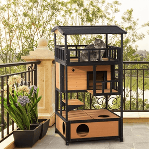 2 - Story Wooden Cat House with Ledges and Raised Floor, Waterproof Roof, Outdoor & Indoor Use, Natural Wood - Small Pet Homes