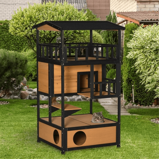 2 - Story Wooden Cat House with Ledges and Raised Floor, Waterproof Roof, Outdoor & Indoor Use, Natural Wood - Small Pet Homes