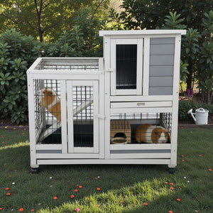 2 - Story Wooden Guinea Pig Hutch with Ventilated Fence, Removable Cleaning Tray & Skylight - Small Pet Homes