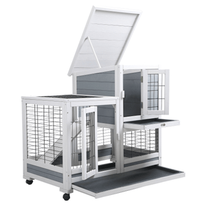 2 - Story Wooden Guinea Pig Hutch with Ventilated Fence, Removable Cleaning Tray & Skylight - Small Pet Homes