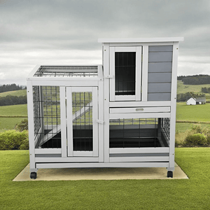 2 - Story Wooden Guinea Pig Hutch with Ventilated Fence, Removable Cleaning Tray & Skylight - Small Pet Homes