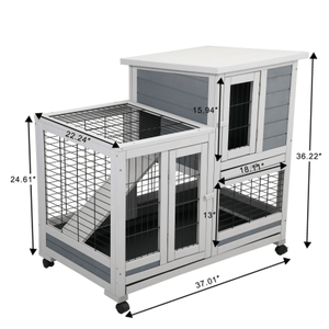 2 - Story Wooden Guinea Pig Hutch with Ventilated Fence, Removable Cleaning Tray & Skylight - Small Pet Homes