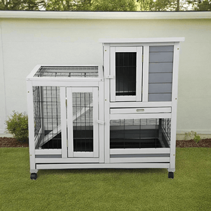 2 - Story Wooden Guinea Pig Hutch with Ventilated Fence, Removable Cleaning Tray & Skylight - Small Pet Homes