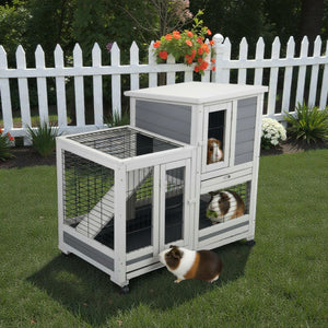 2-Story Wooden Guinea Pig Hutch with Ventilated Fence, Removable Cleaning Tray & Skylight