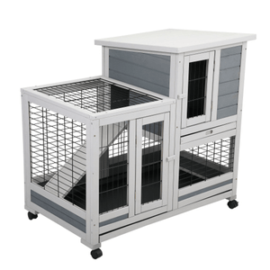 2 - Story Wooden Guinea Pig Hutch with Ventilated Fence, Removable Cleaning Tray & Skylight - Small Pet Homes