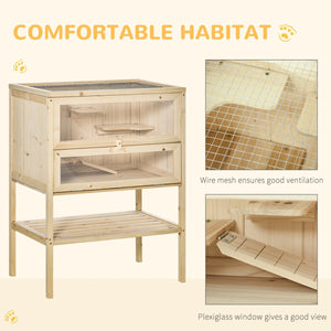 3 - Tier Wooden Cage – For Hamsters, Rats, Mice, and Gerbils Hutch with Openable Top, Front Door & Storage Shelf, Natural Wood - Small Pet Homes