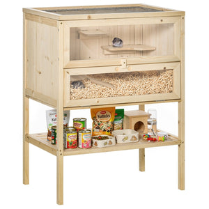 3 - Tier Wooden Cage – For Hamsters, Rats, Mice, and Gerbils Hutch with Openable Top, Front Door & Storage Shelf, Natural Wood - Small Pet Homes