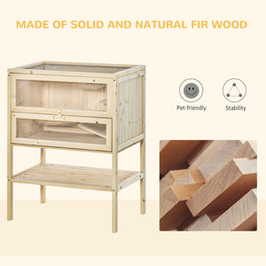3 - Tier Wooden Cage – For Hamsters, Rats, Mice, and Gerbils Hutch with Openable Top, Front Door & Storage Shelf, Natural Wood - Small Pet Homes