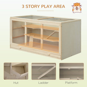 3 - Tier Wooden Hamster Cage Habitat – Large Fir Wood Playhouse with Ramps & Opening Roof for Mice, Rats & Small Rodents - Small Pet Homes