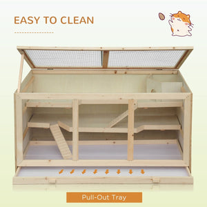 3 - Tier Wooden Hamster Cage Habitat – Large Fir Wood Playhouse with Ramps & Opening Roof for Mice, Rats & Small Rodents - Small Pet Homes