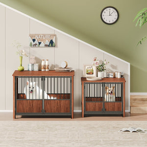 31.5" Walnut Fluted Wood Dog Crate for Small & Medium Dogs – Double Door Indoor Pet House & Decorative Side Table - Small Pet Homes