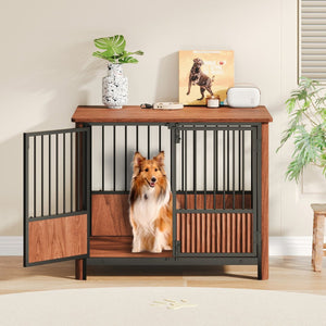 31.5" Walnut Fluted Wood Dog Crate for Small & Medium Dogs – Double Door Indoor Pet House & Decorative Side Table - Small Pet Homes
