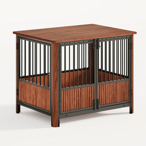31.5" Walnut Fluted Wood Dog Crate for Small & Medium Dogs – Double Door Indoor Pet House & Decorative Side Table - Small Pet Homes