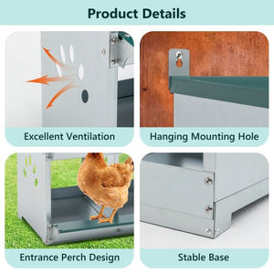 4 - Compartment Metal Chicken Bedding & Nesting Box – Wall - Mounted Galvanized Steel Egg Laying Box, Green - Small Pet Homes
