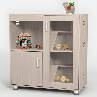 4 - Tier Wooden Guinea Pig & Hamster Cage with Lockers, Acrylic Windows, Openable Top - Spacious Small Animal Habitat - Small Pet Homes