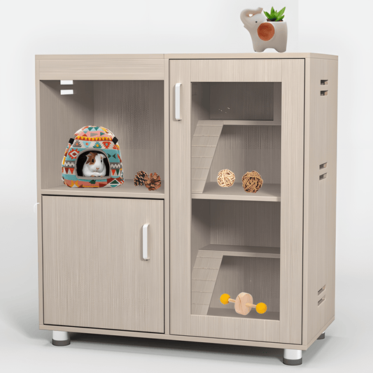 4 - Tier Wooden Guinea Pig & Hamster Cage with Lockers, Acrylic Windows, Openable Top - Spacious Small Animal Habitat - Small Pet Homes